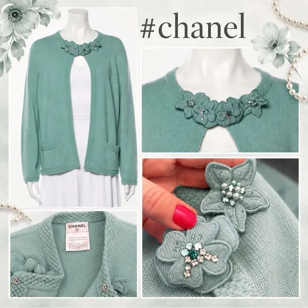 AUTHENTIC *CHANEL* Coastal Chic Floral Appliqué CASHMERE Sweater XL FR46